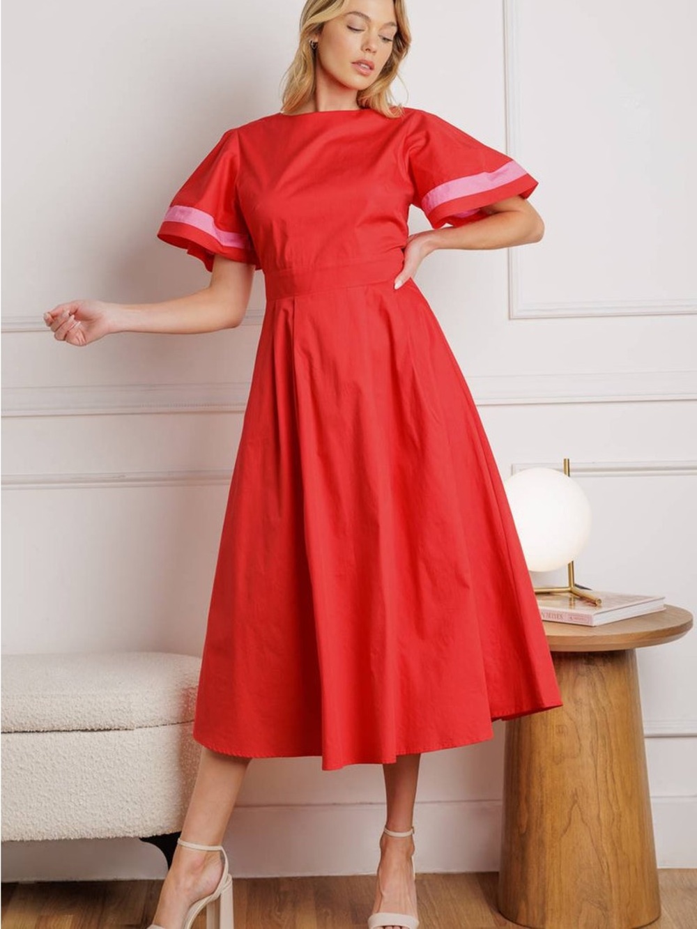 Flying Tomato Midi Dress with Pink Trim Sleeve - FLAW